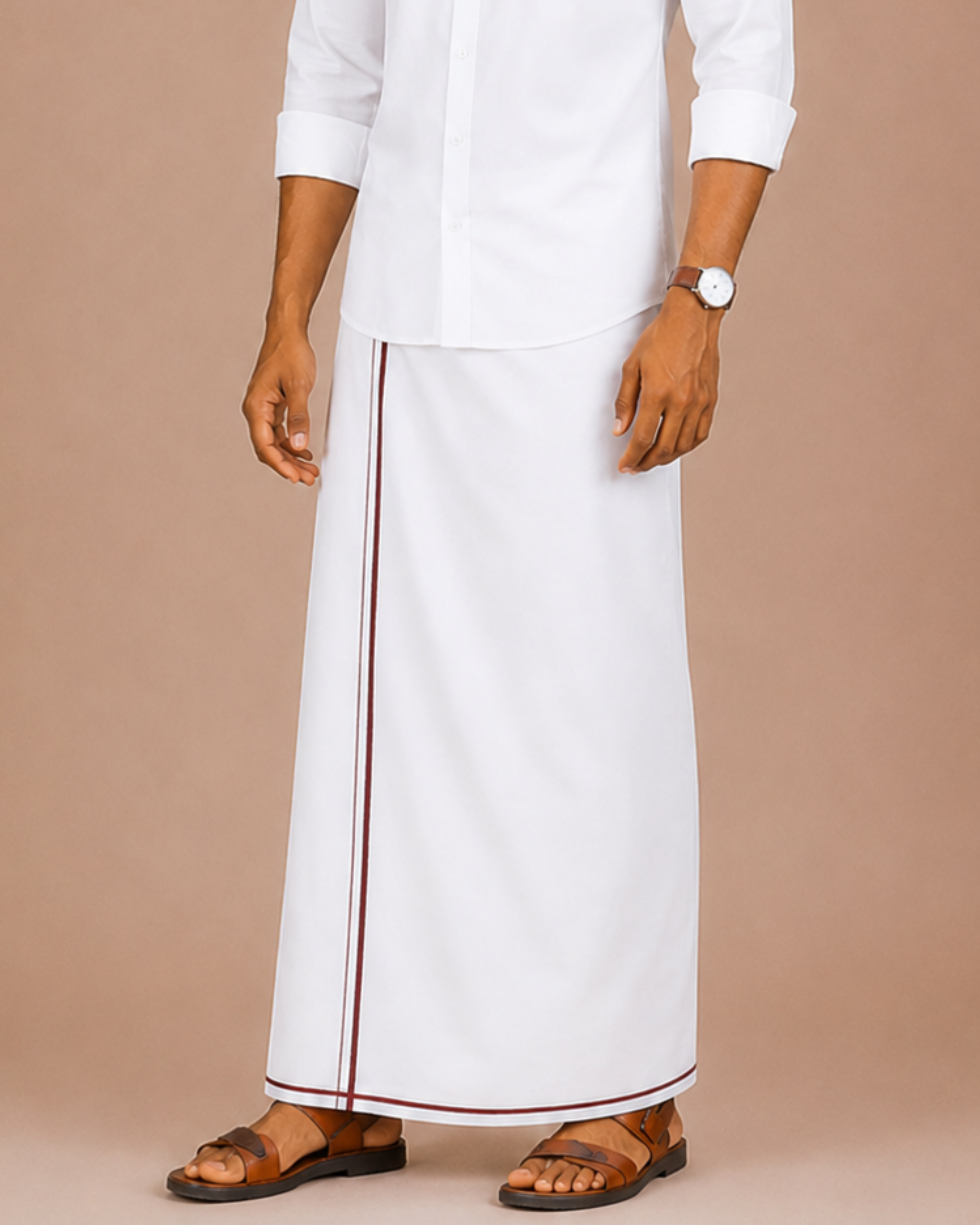 Men Cotton Blend Single Layer White Dhoti with Small Border Kiruba KB01