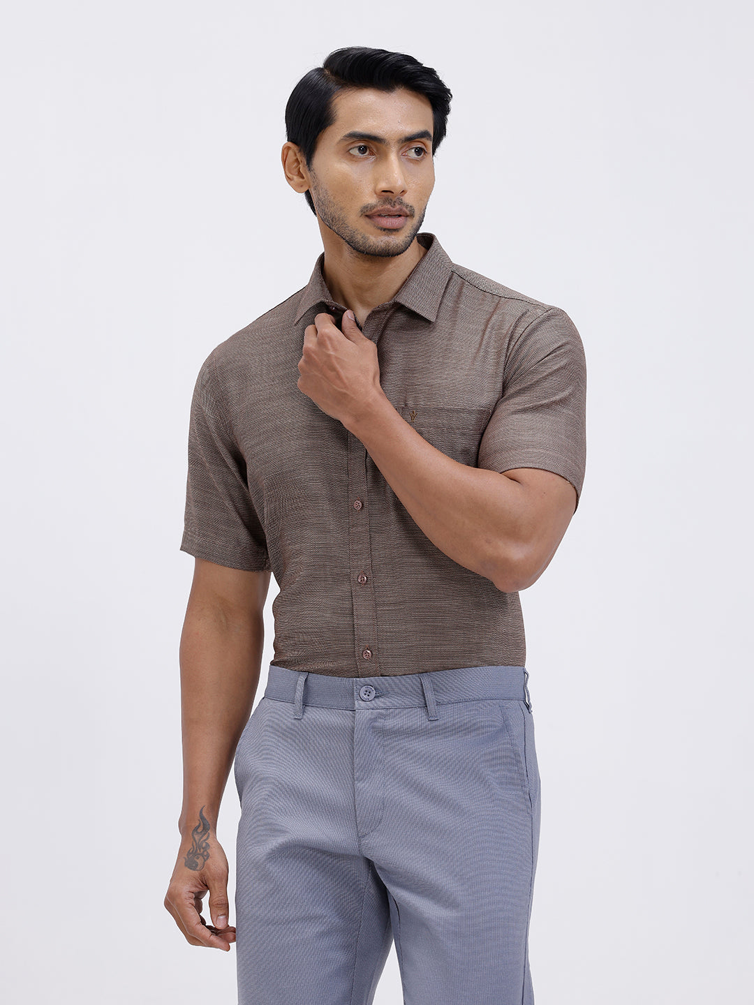 Men Cotton Rich Half Sleeve Shirt Brown Dobby T59 AIT4