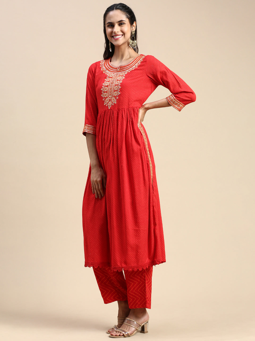 Women Cotton Red Print & Embroidered Kurti Set PKS13-Side view