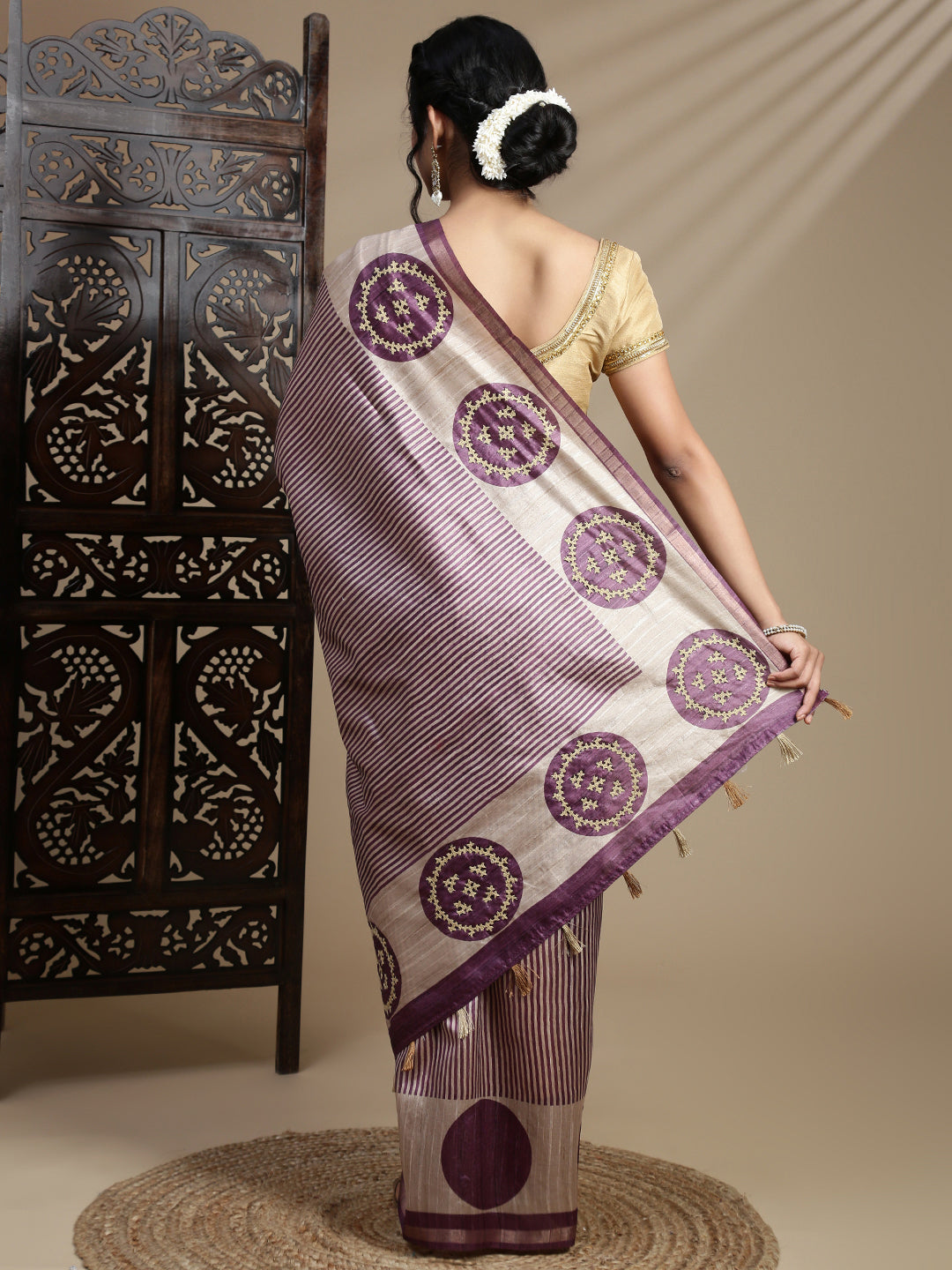 Women Purple with Brown Semi Raw Silk Embroidered Saree SRS114