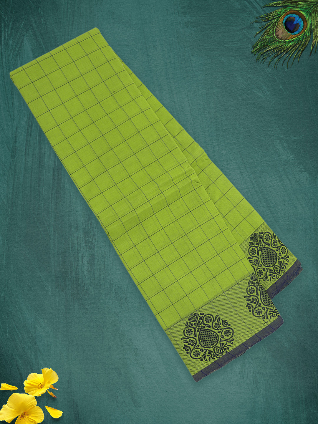 Women Parrot Green Checks Pure Chettinad Cotton Saree PCS222