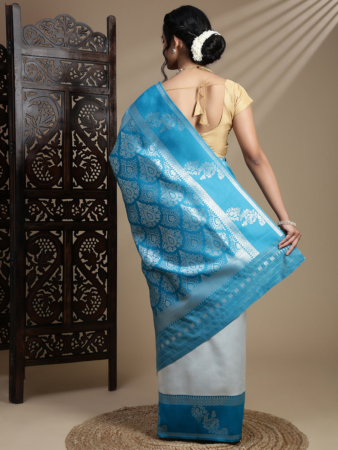 Women Silver Tissue Saree with Blue Border TS55