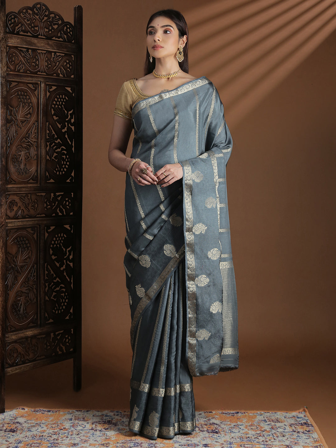 Women Semi Mysore Silk Saree Grey SS406