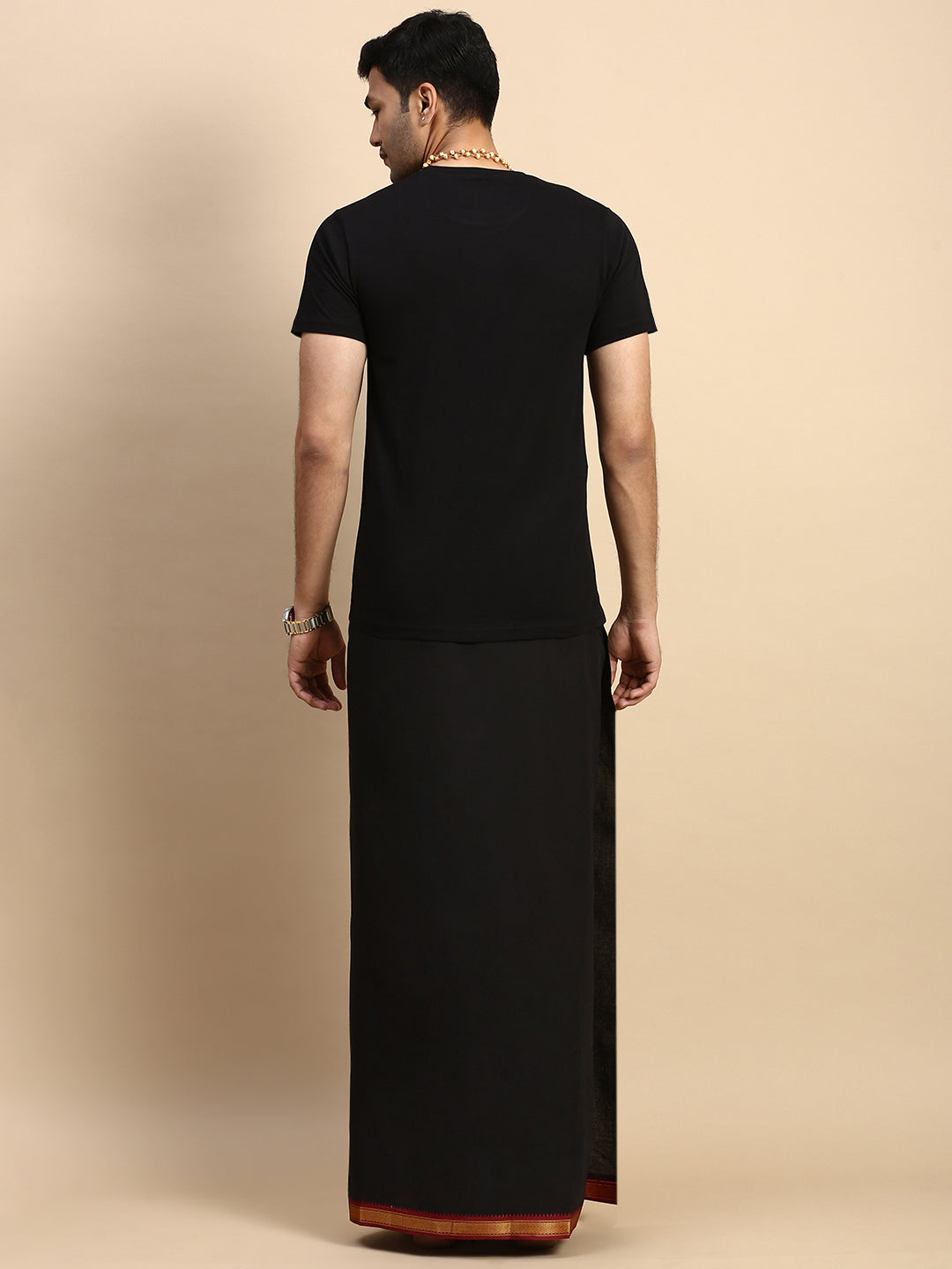 Men Devotional Mayilkhan Border Dhoti & TShirt Set Black ET14