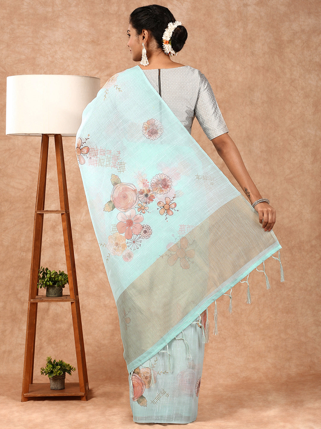 Women Semi Linen Saree Blue SL127