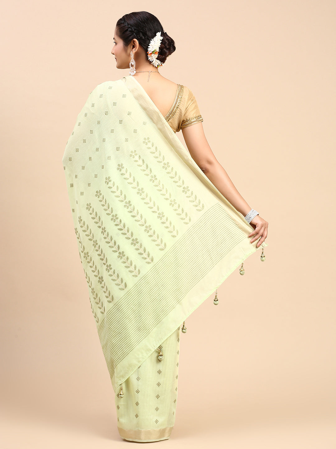 Women Semi Linen Weaving Saree Green SL154