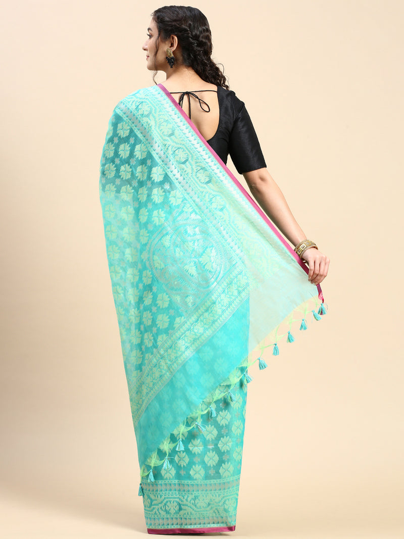 Stylish Flower Design Green & Blue Semi Kora Cotton Saree SK94