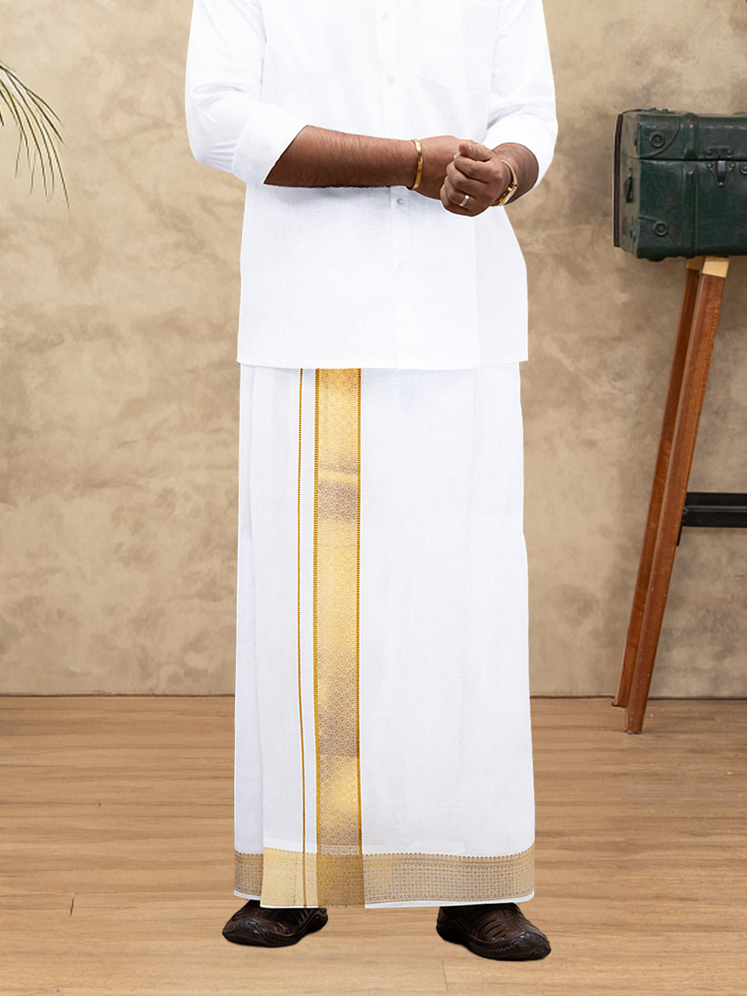 Men 100% Cotton Single Layer White Dhoti with Gold Jari Border Aura 367