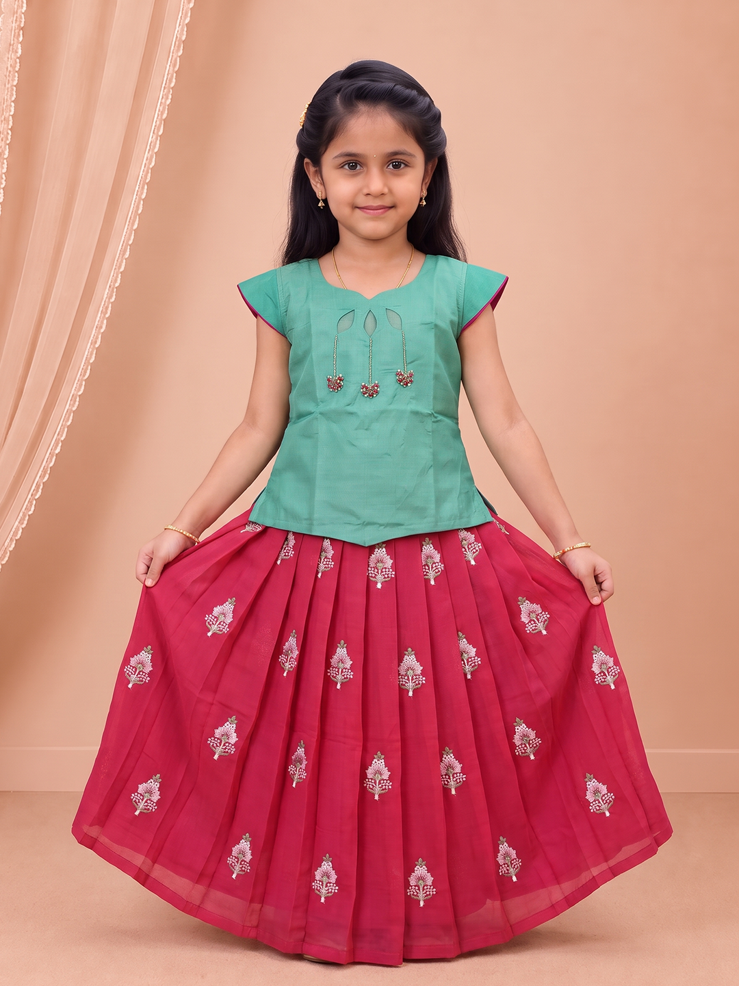 Girls Art Silk Green with Pink Pattu Pavadai Set GPS80