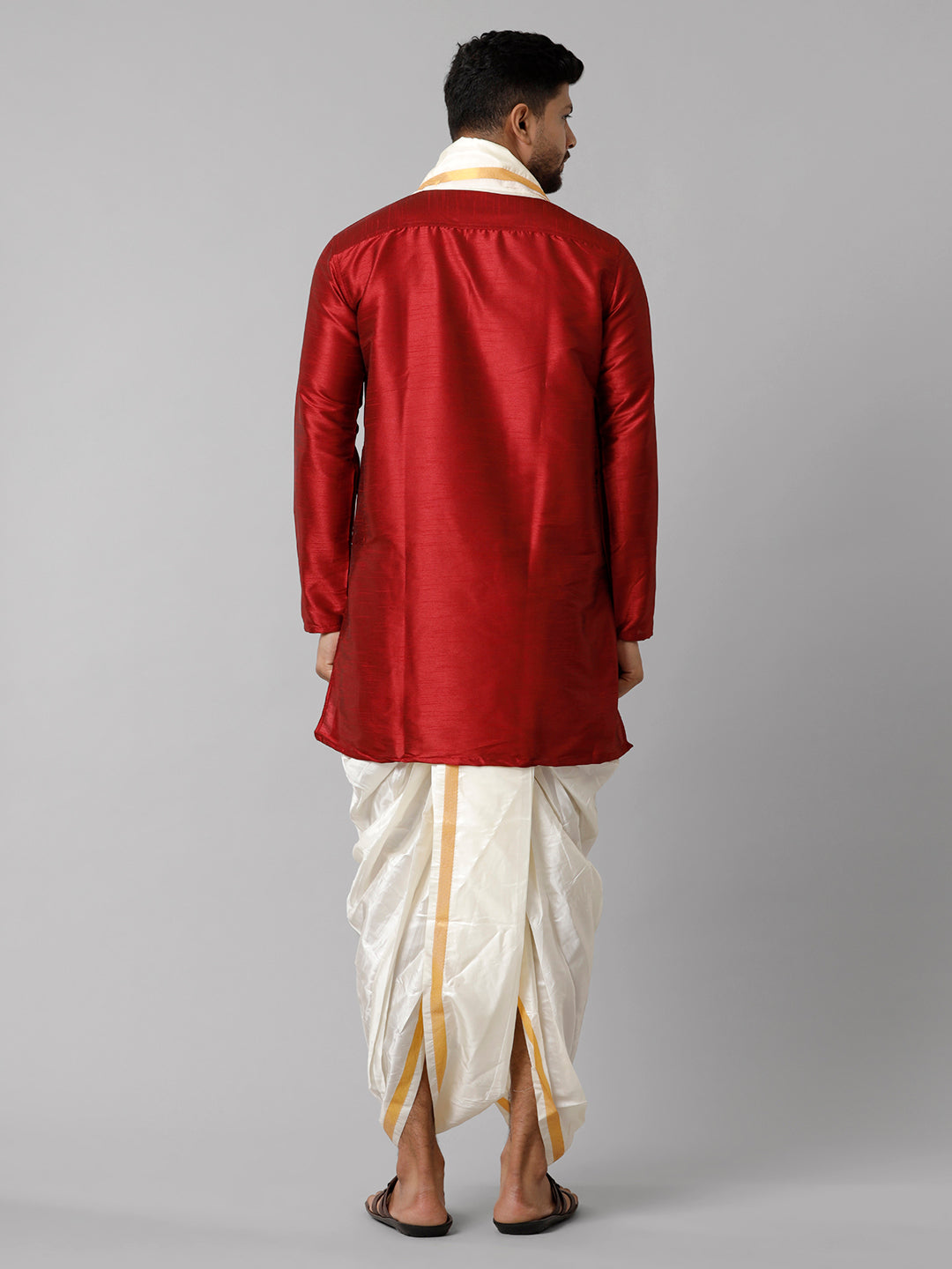Mens Polyster Red Medium Length Kurta with Art Silk Panchakacham Towel Combo SL06-Back view