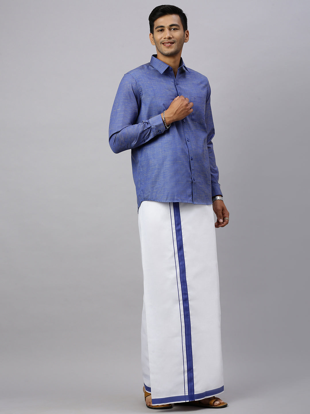 Mens Evolution Blue Matching Border Dhoti & Full Sleeves Shirt Set