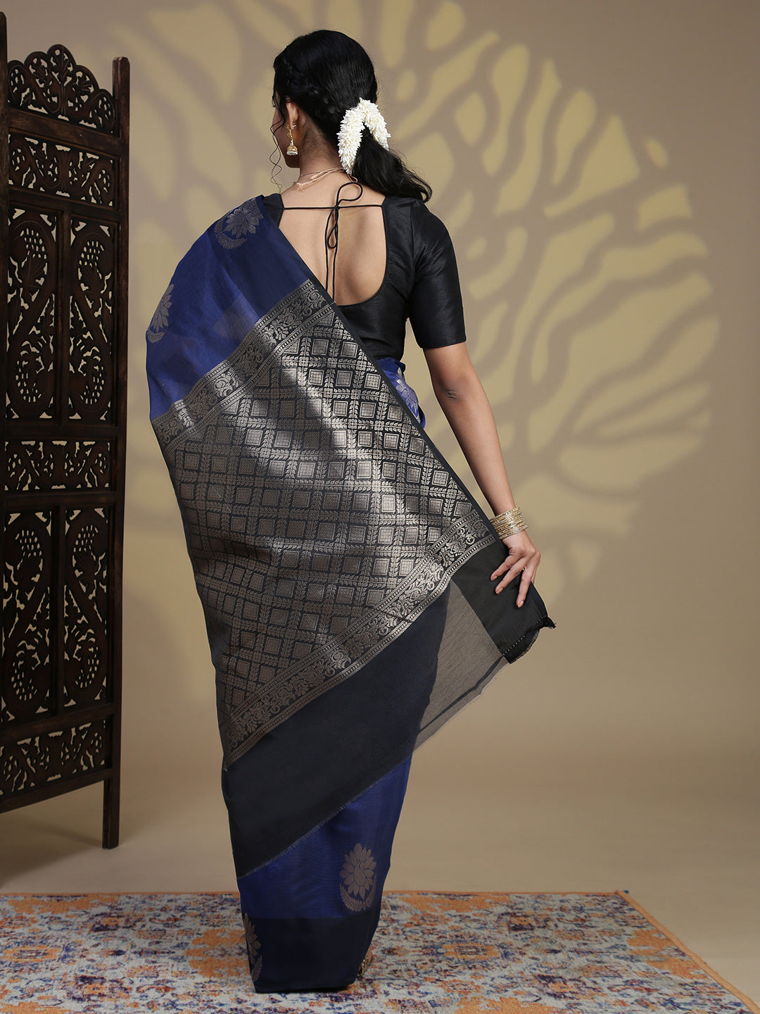Women Dark Blue Kora Cotton Saree SK104