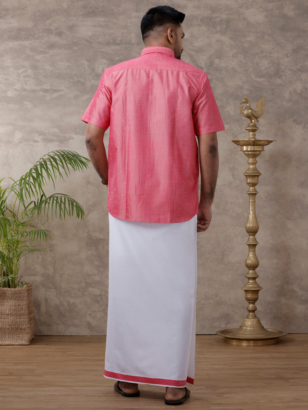 Mens Matching Jari Border Dhoti & Shirt Set Half Pink VB3