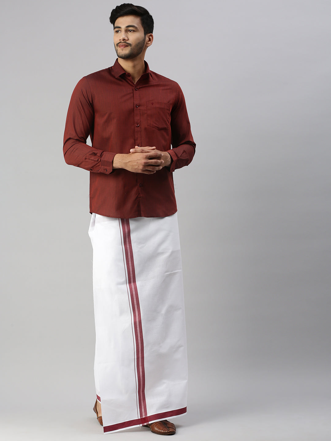 Mens Brown Matching Border Dhoti & Full Sleeves Shirt Set Evolution IC7-Side view