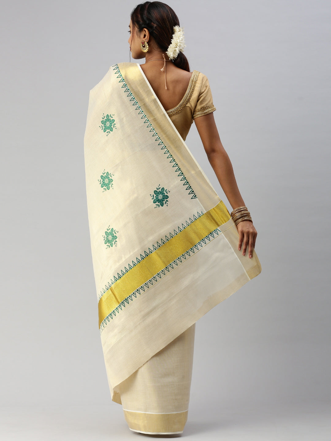 Matching Tissue Jari Dhoti Shirt &  Tissue Jari Saree Couple Combo Gold-Saree back view
