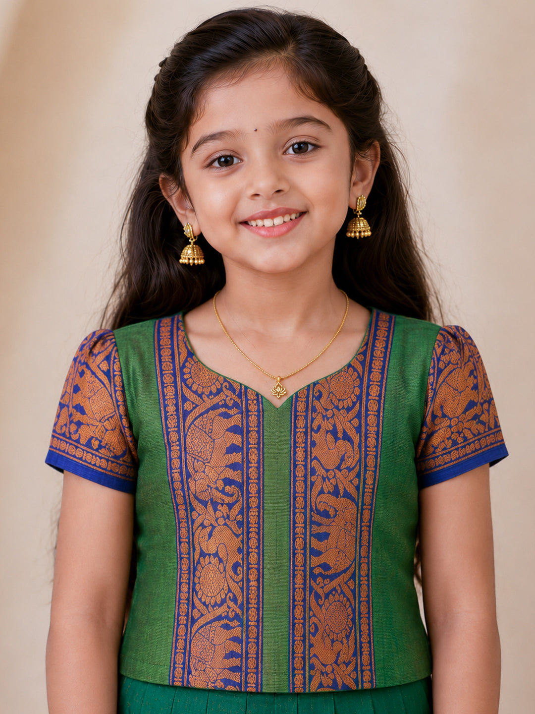 Girls Cotton Green Pattu Pavadai Set GPS45