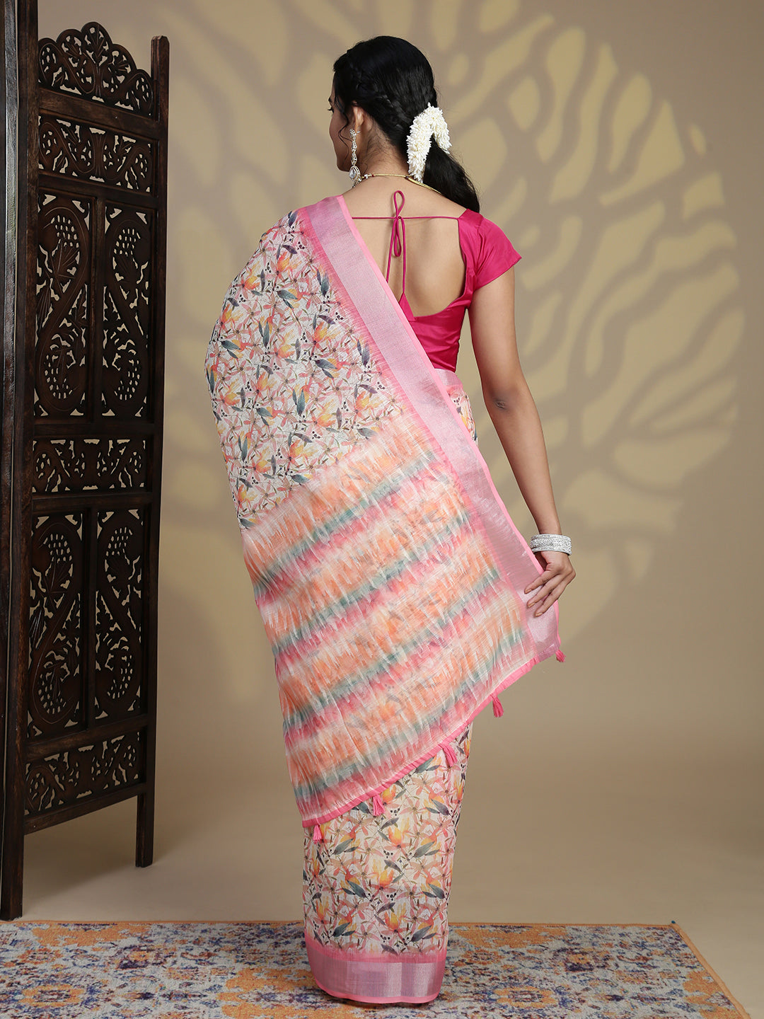 Women Pink Semi Linen Saree SL235