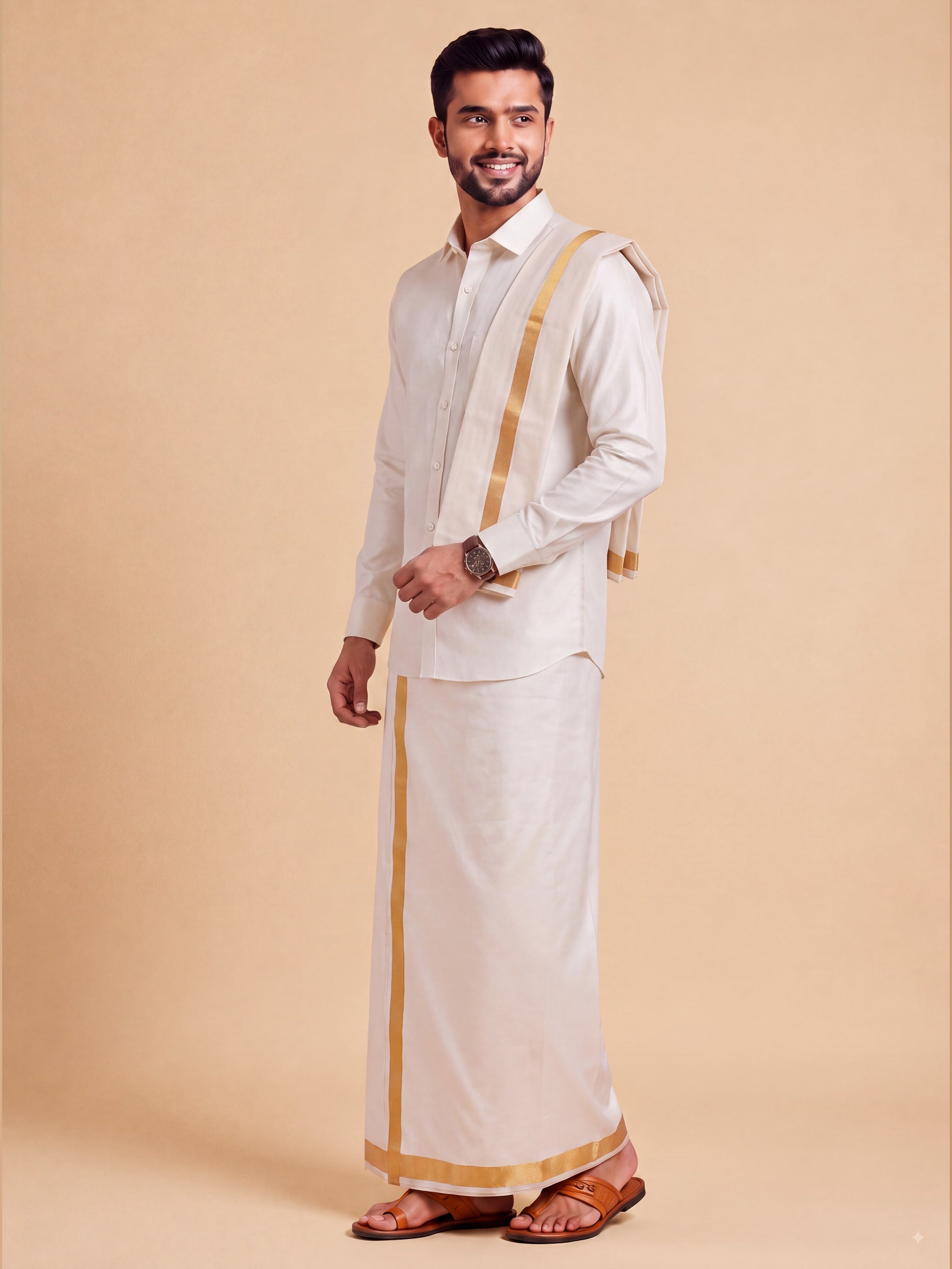 Tissue Antique Gold Shirt Dhoti & Towel (3-in-1)Set