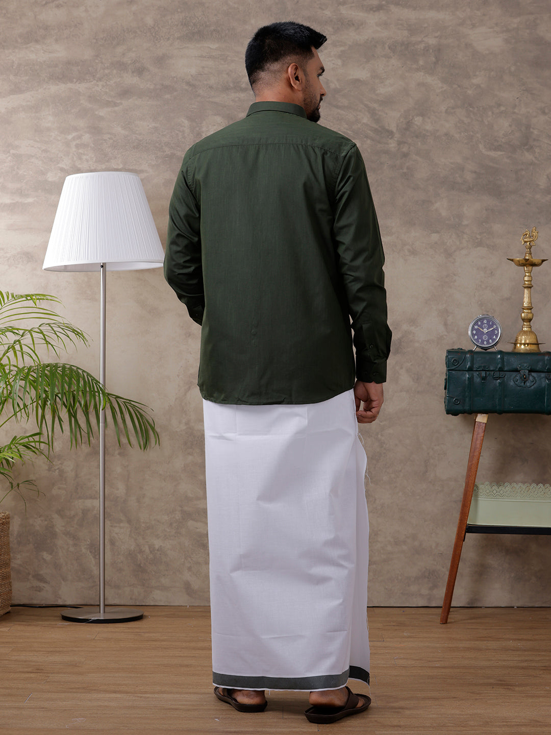 Men Green Matching Border Dhoti & Full Sleeves Shirt Set Evolution IC8