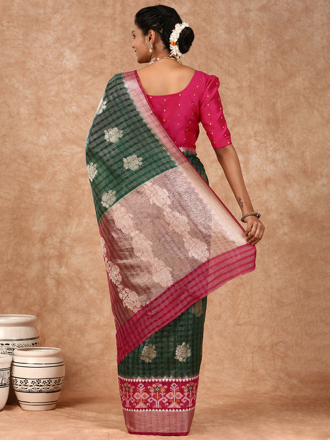 Women Semi Raw Silk Weaving Saree Green SRS83