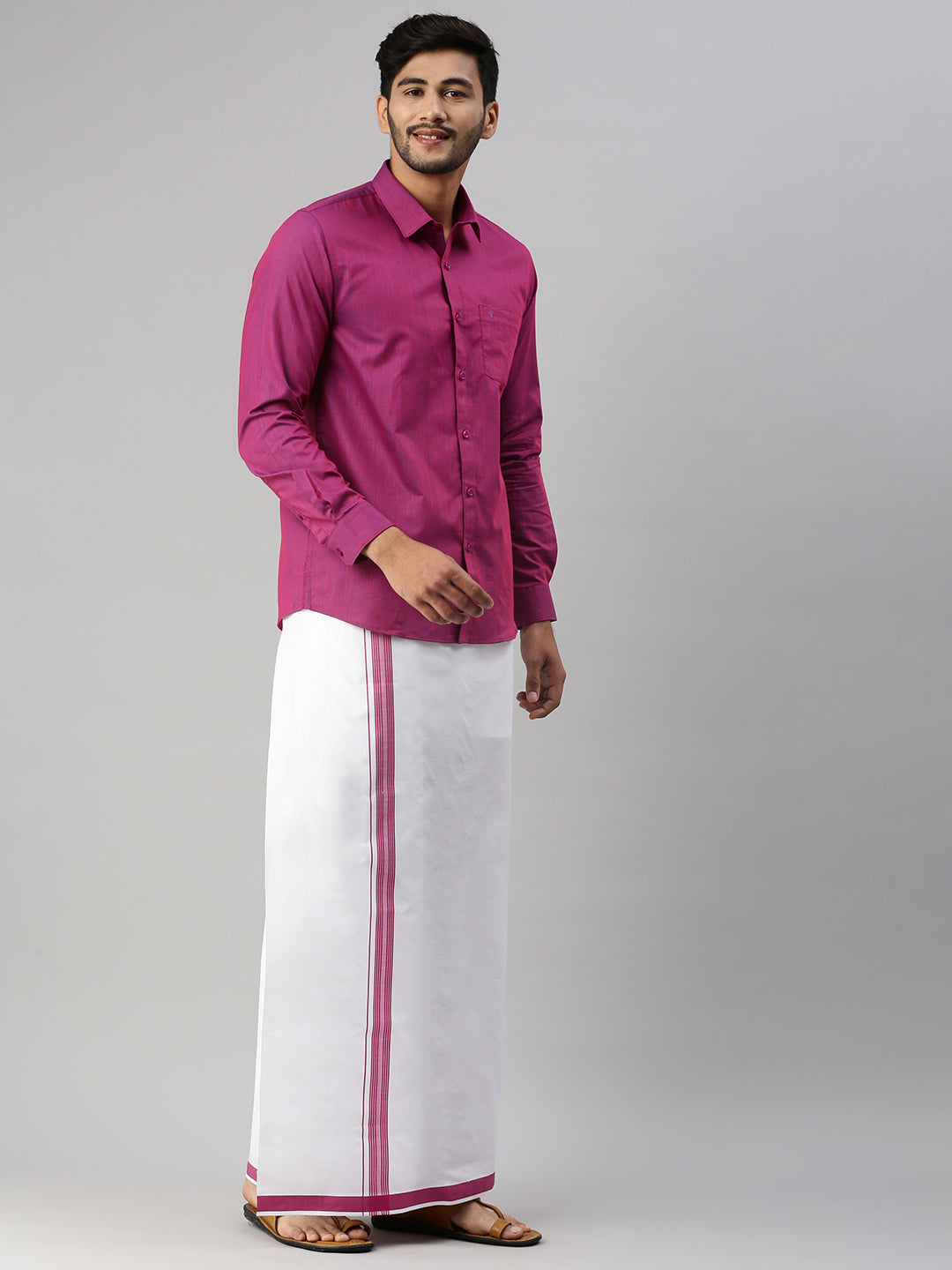 Mens Magenta Matching Border Dhoti & Full Sleeves Shirt Set Evolution IC3-Side view