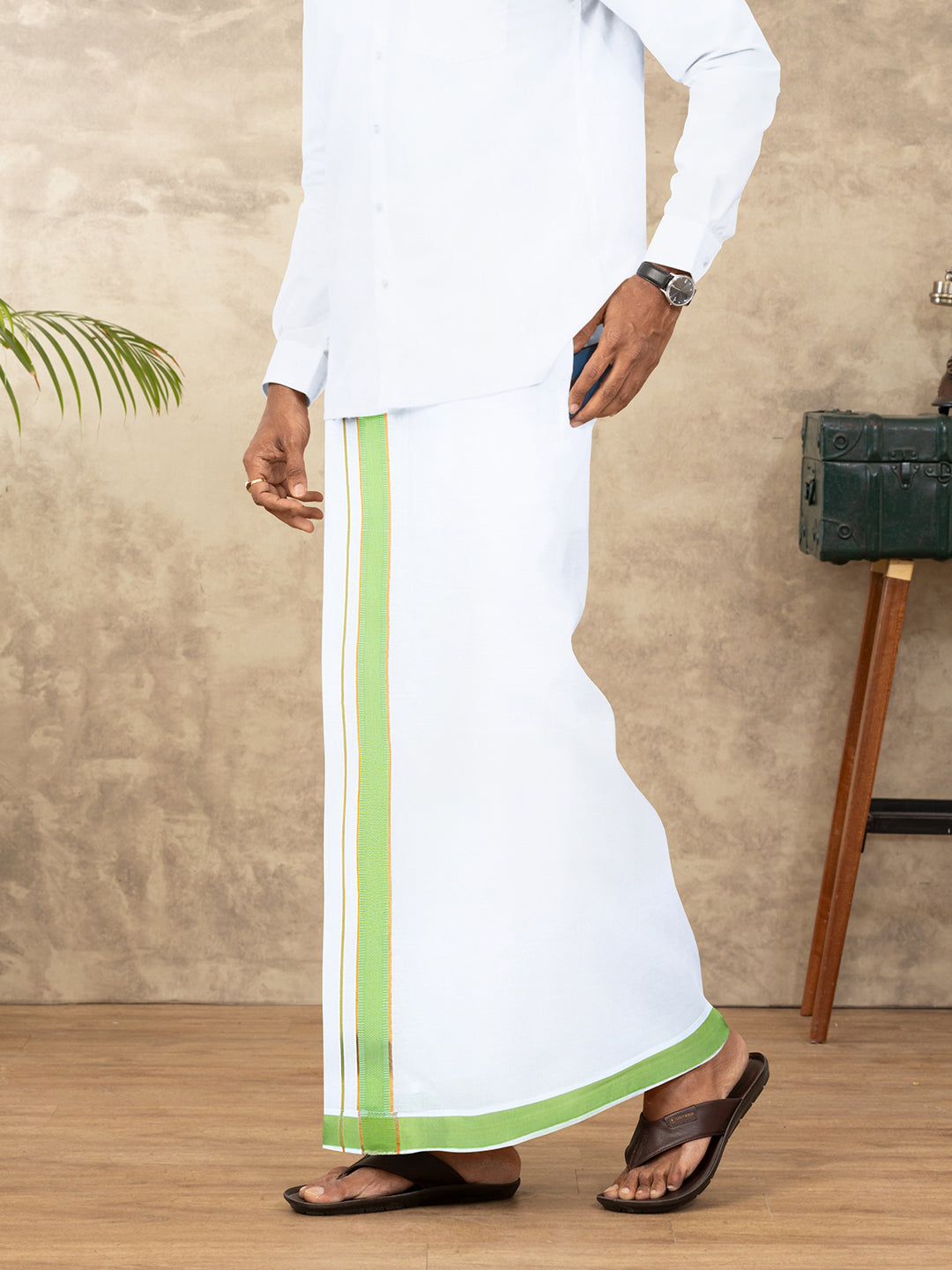 Men Cotton Blend Readymade Single Layer White Dhoti with Fancy Jari Border GACJ45