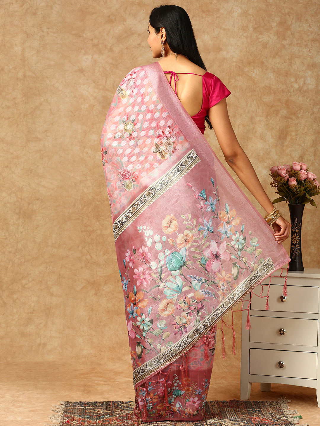 Women Tissue Printed Semi Silk Saree Pink SS315