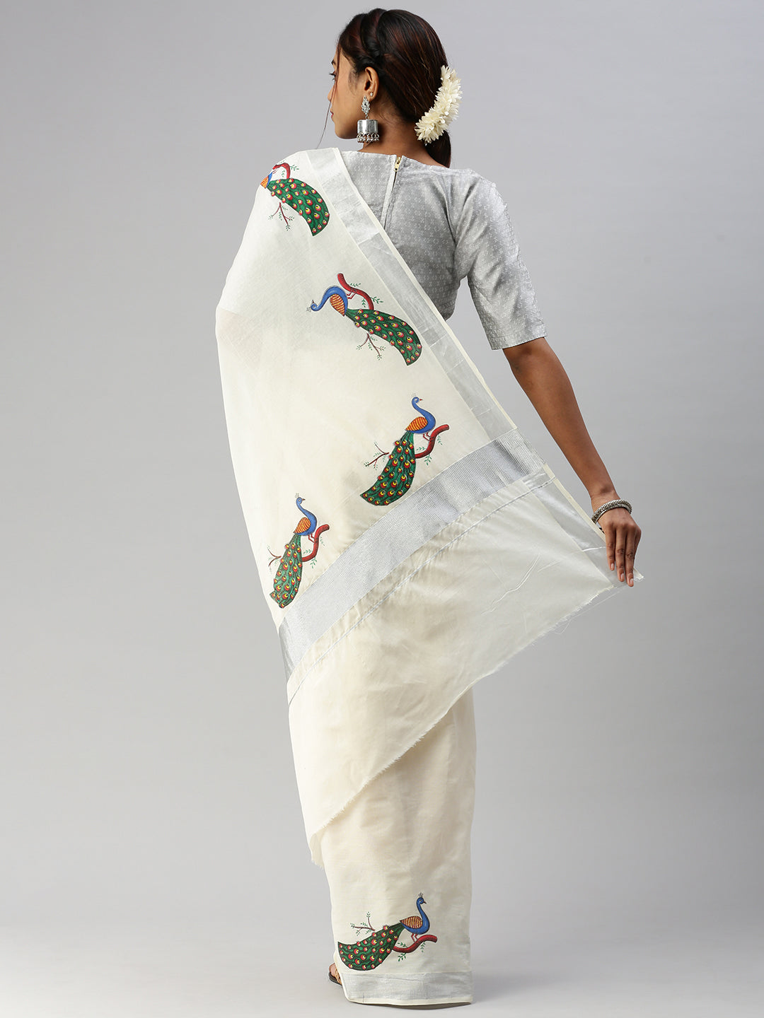 Womens Kerala Off White Peacock Design Printed Silver Jari Saree OKS05-Back view