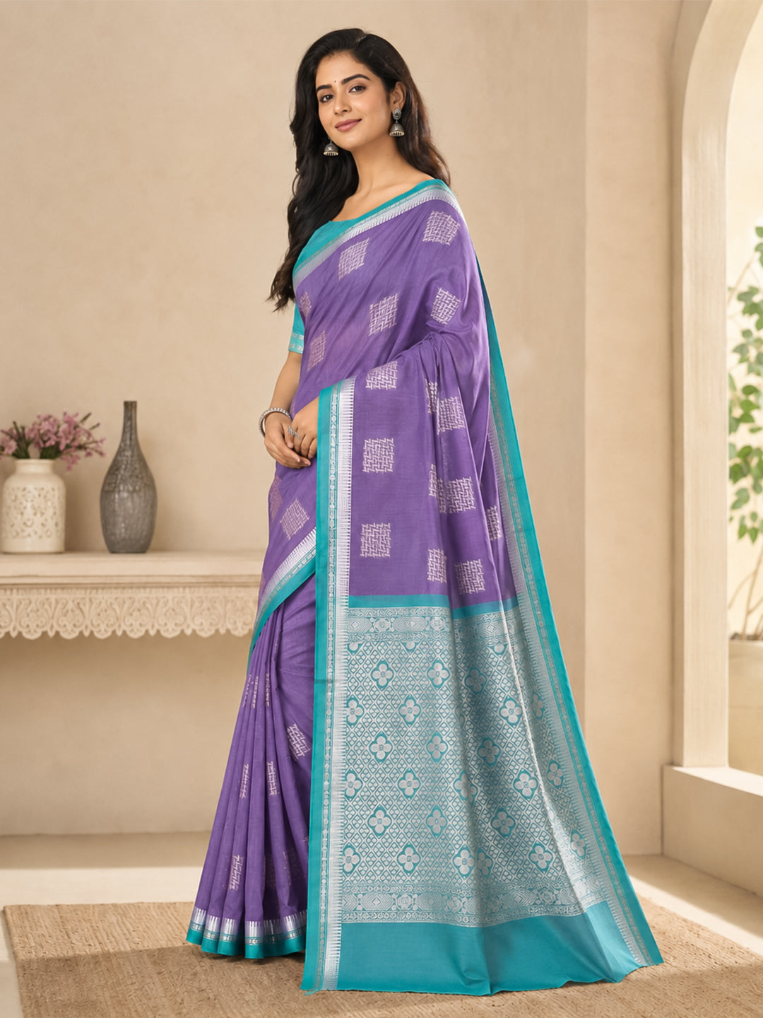 Women Dark Purple Kora Cotton Saree SK136