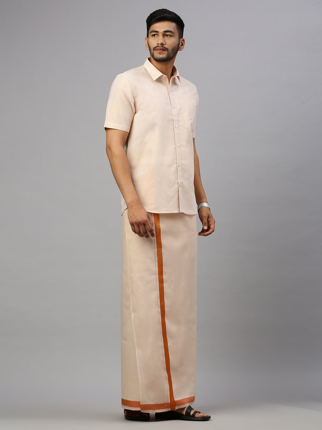 Mens Tissue Copper Dhoti & Half Sleeves Shirt Set