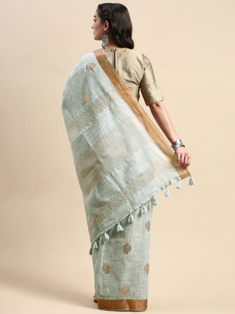 Womens Semi Linen Gray Butta Printed Embroidery Saree SLPE08