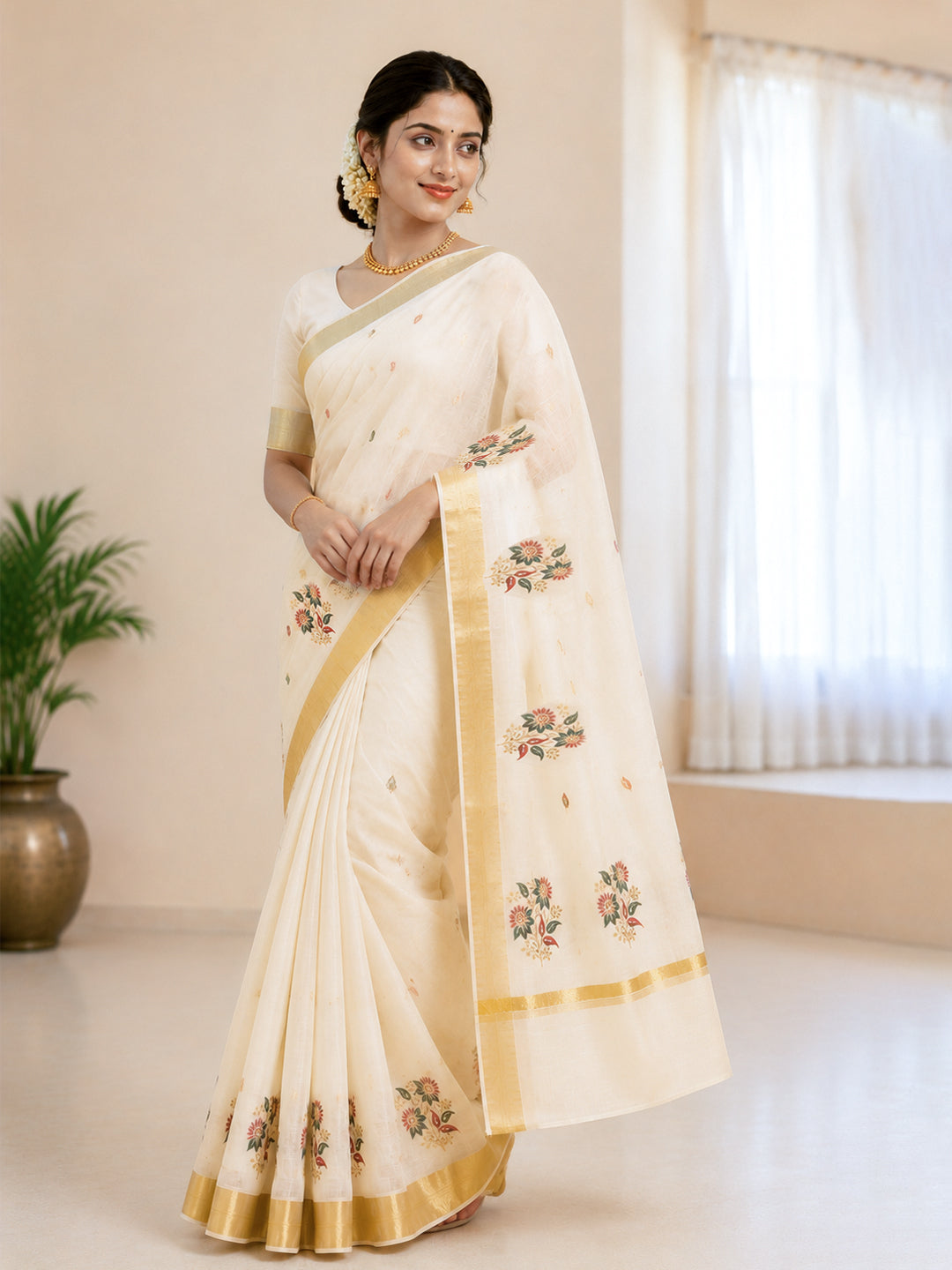 Women Kerala Embroidered Cream Saree KLS03