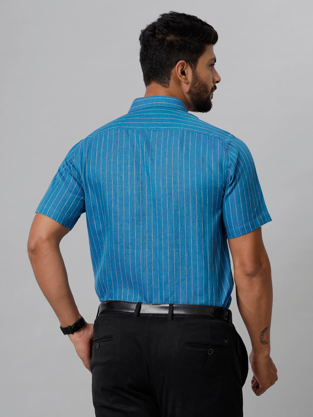 Mens Pure Linen Striped Half Sleeves Blue Shirt LS11-Back view