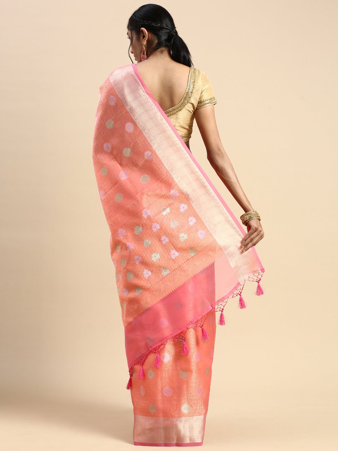 Semi Kora Cotton Allover Design Saree Light Orange & Pink with Zari Border SKCW04-Back view