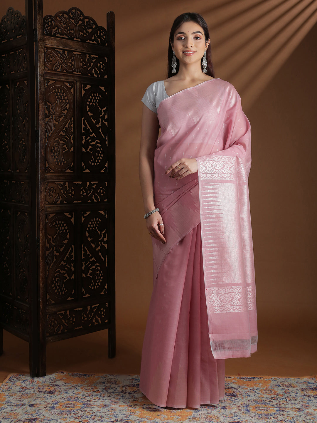 Women Light Pink Semi Kora Cotton Saree SK134
