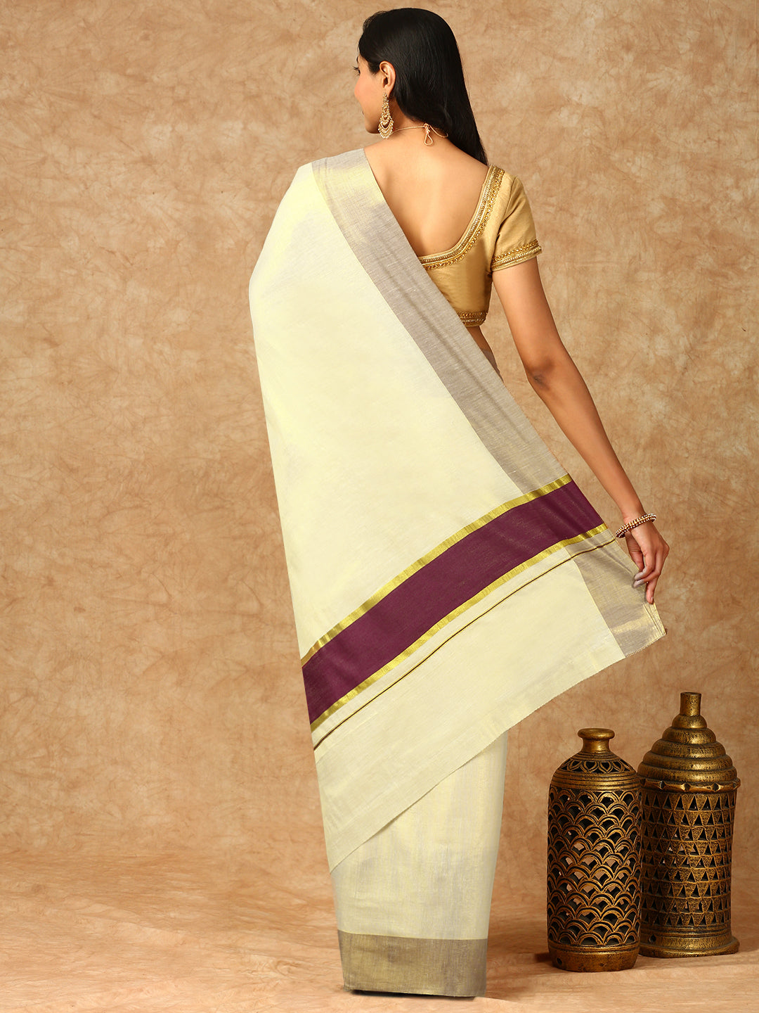 Women Kerala Tissue Gold Printed Saree KS163