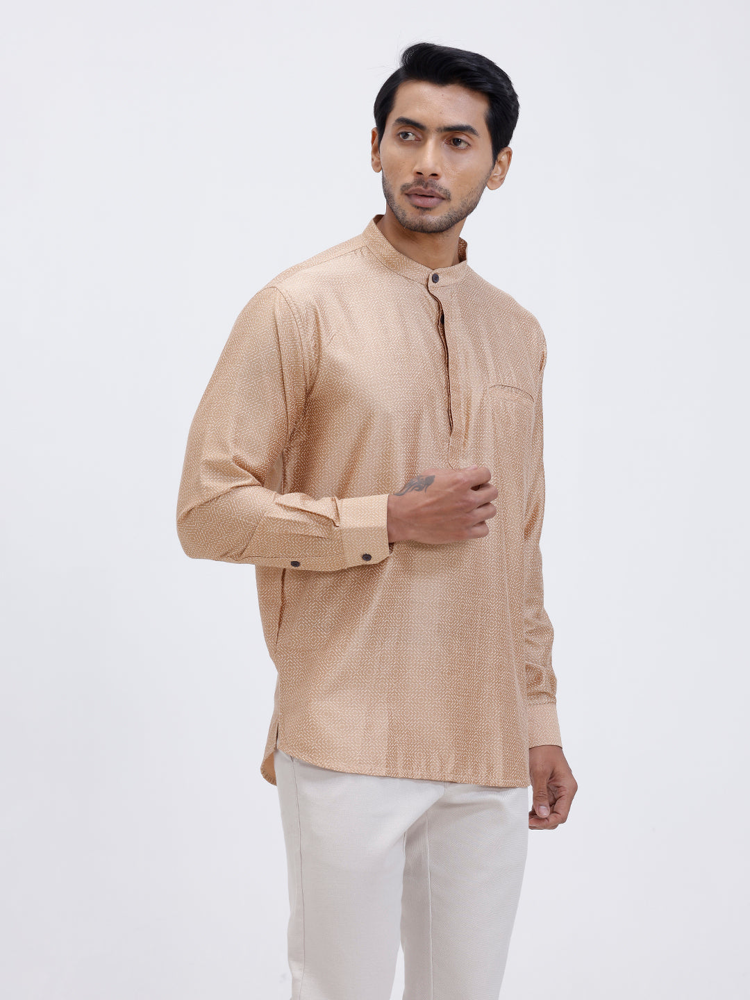 Men Cotton Short Length Printed Pocket Kurta Khaki Beige RL18