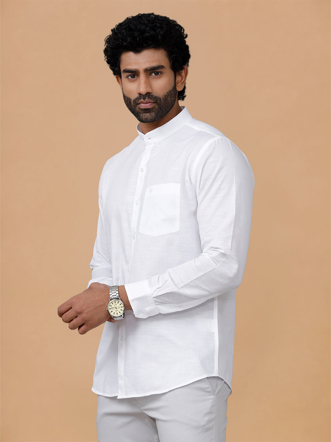 Slub Texture Chinese Collar White Shirt - Craft