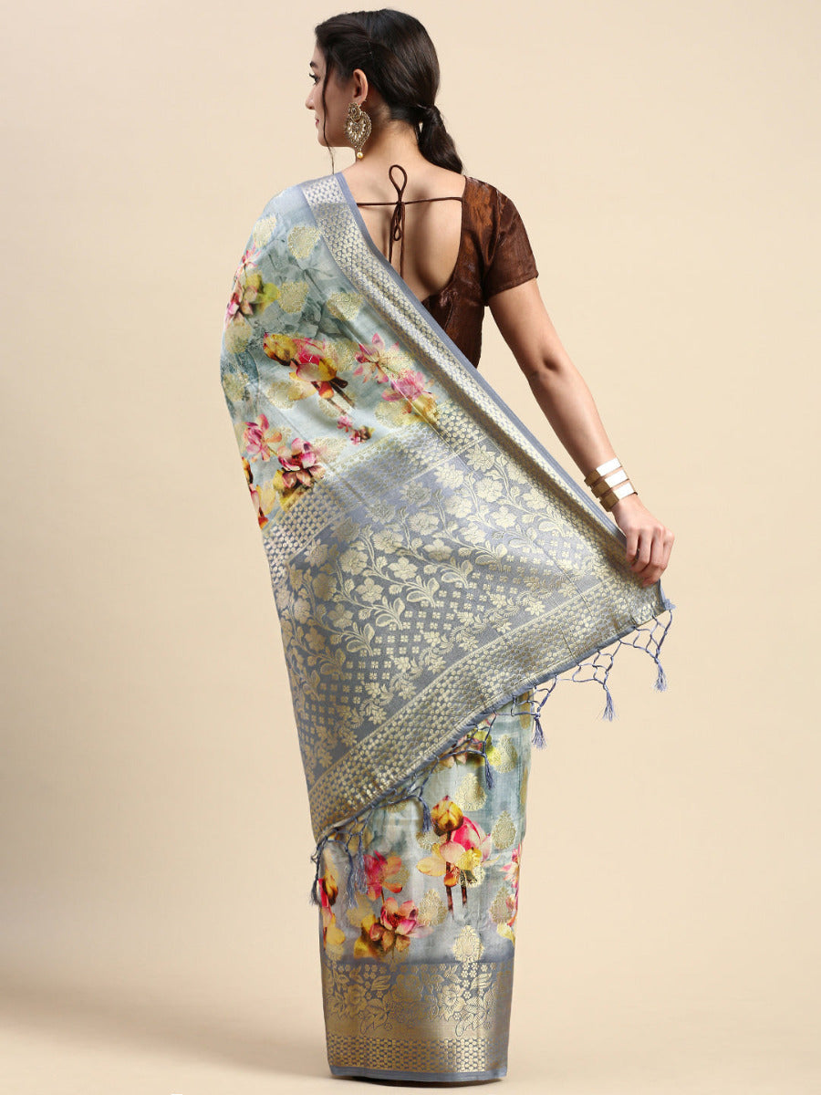 Womens Semi Tussar Grey Flower Printed Saree with Tassels STP17-Back view