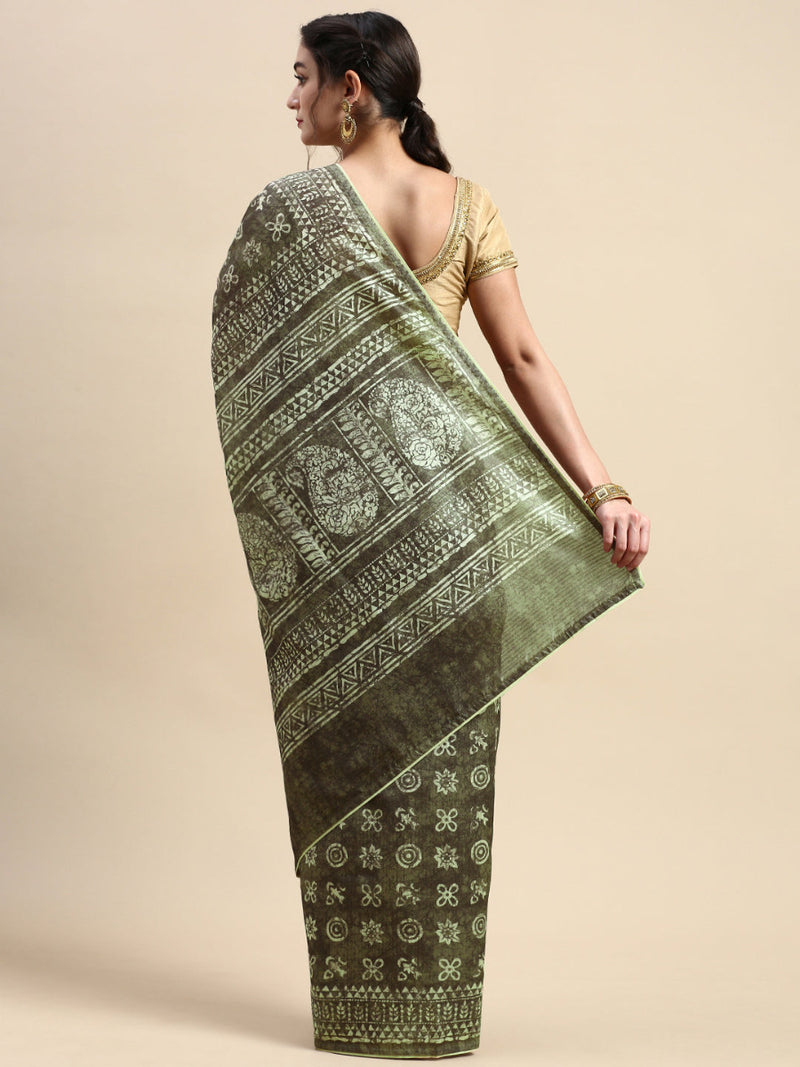 Womens Semi Cotton Green and Sandal Flower Printed Saree SCS24