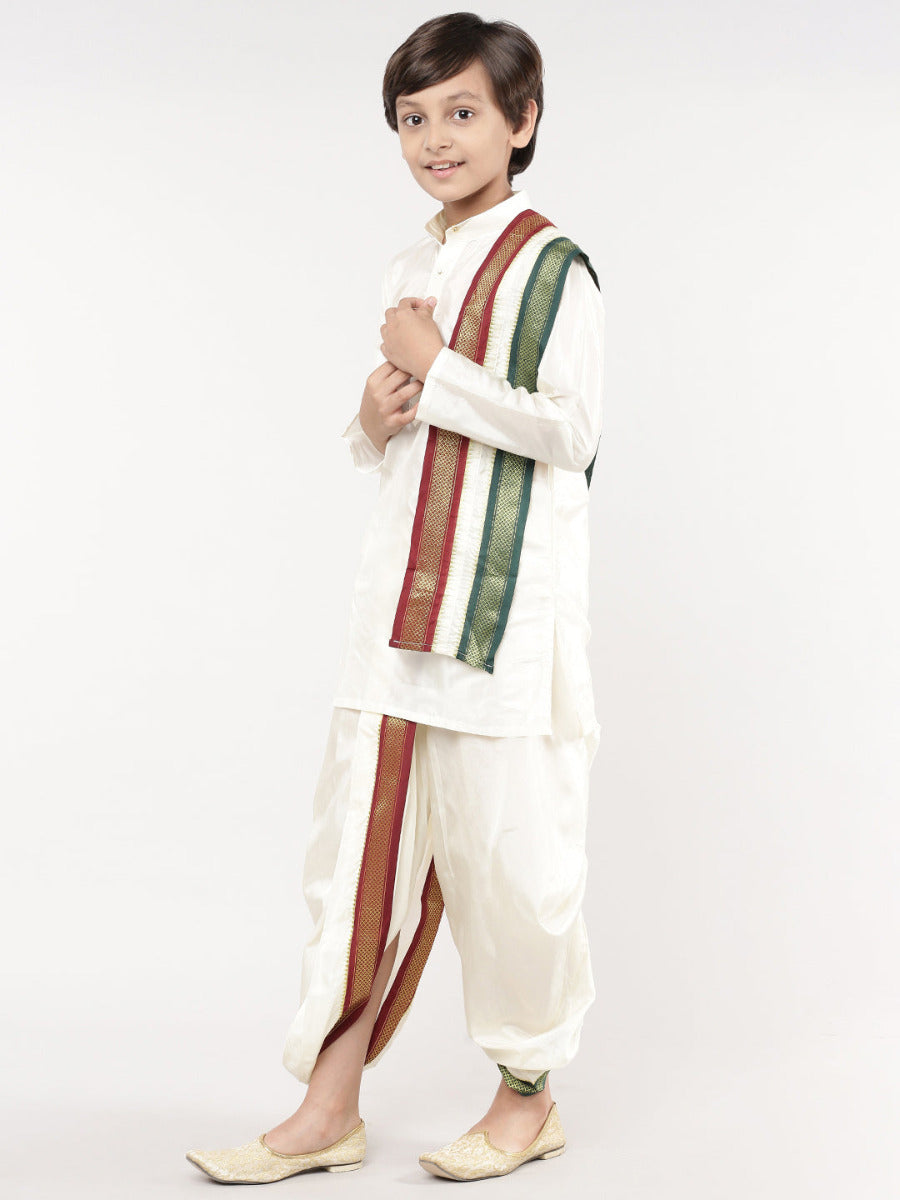 Like Father Like Son Cream Kurta and Mayilkhan Border Cream Panchakacham & Towel Set