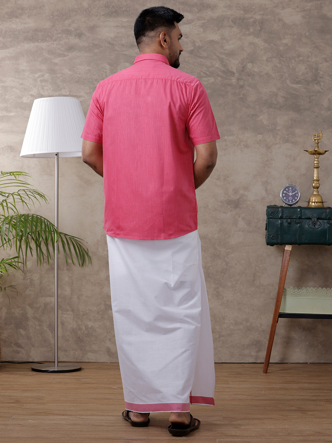 Men Pink Matching Border Dhoti & Half Sleeves Shirt Set Evolution IC2