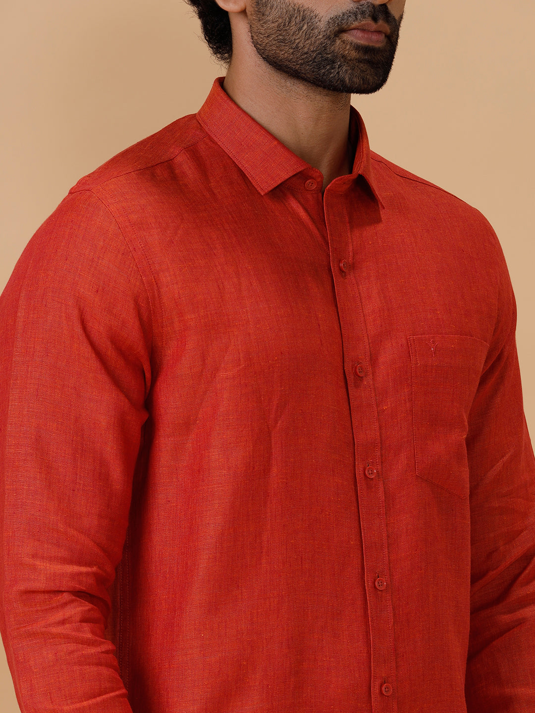 Men Pure Linen Shirt Deep Red L12