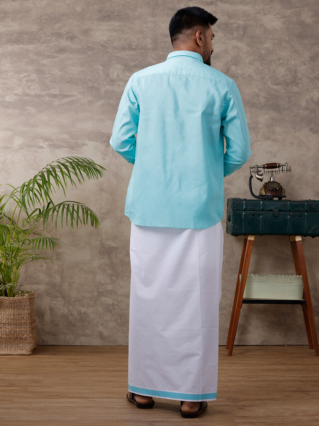 Mens Matching Border Dhoti & Shirt Set Full Blue C50