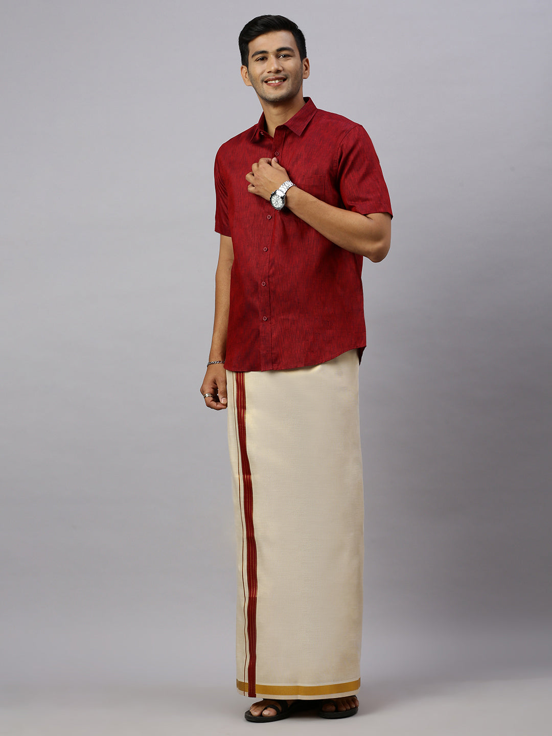 Couple Combo Shirt & Dhoti Set with Saree Maroon KS163