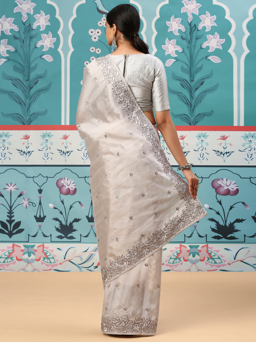 Womens Semi Tussar Embroidery Saree Grey ST141