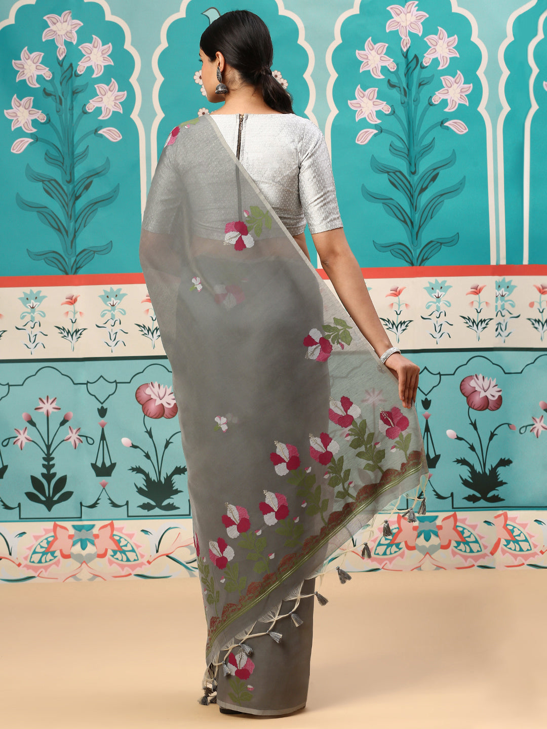 Womens Semi Cotton Saree Grey SCS87