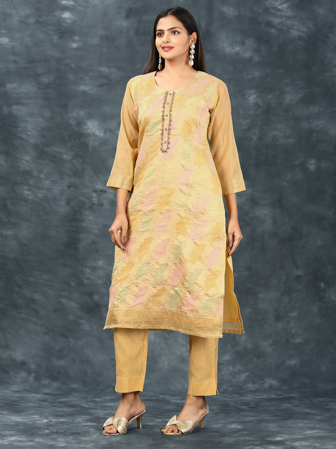 Womens Cotton Embroidered Kurti Sets Yellow EKS15