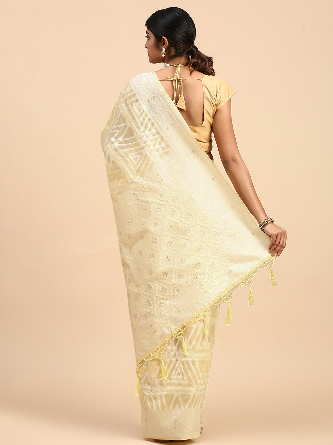 Women Semi Cotton Printed Saree Light Yellow SCS113