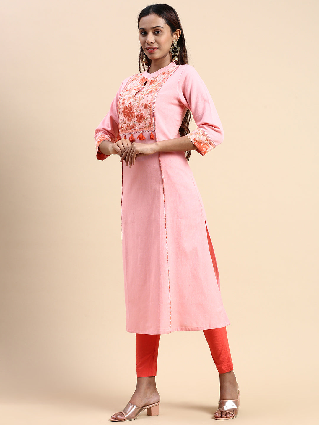 Women Cotton Pink & Brown Collar Neck Straight Cut Printed Kurti PK34-Side view